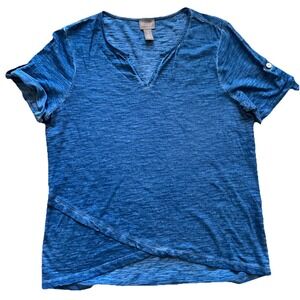 Chico's Size 1 S 8 Blue Pigment Dyed Cotton‎ V-Neck Slub Tab Short Sleeve Tee